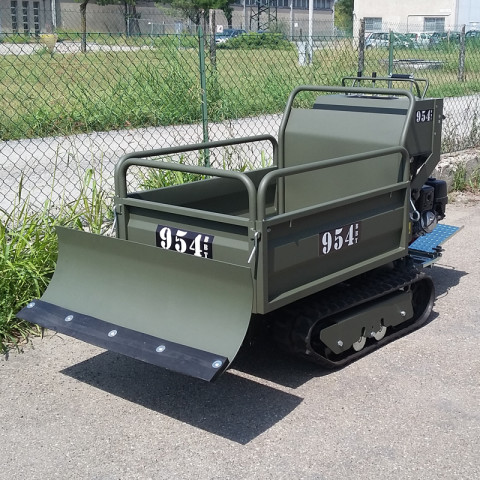 Mini-Raupentransporter mit hydraulisch kippbarer Flachmulde und ausziehbaren Seitenwänden